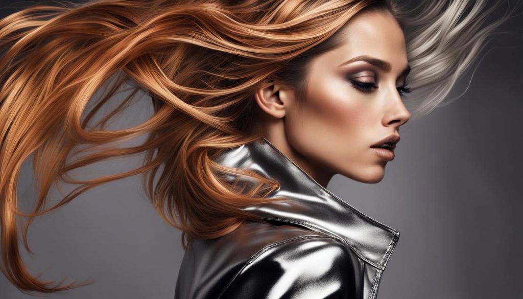 Rockstar vibes of hair color trends 2024: Metallic accents, silver streaks, gold undertones, and copper highlights for an edgy and modern look.