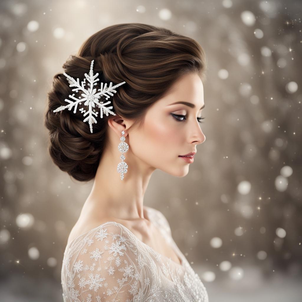 A hair accessory showcasing 'Snowflake Elegance,' featuring delicate snowflake-shaped ornaments intricately woven into an elegant updo. The hairstyle exudes winter charm and sophistication, creating a graceful and festive look perfect for seasonal celebrations.