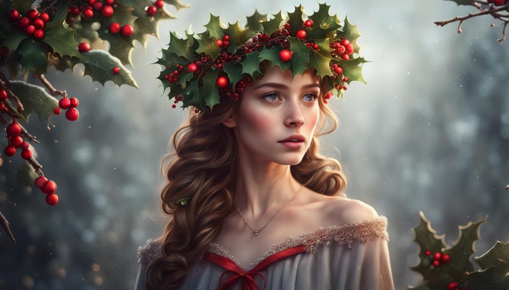 Festive floral crown: Holly, berries, and ornaments adorn her locks, adding nature's elegance to her holiday look.