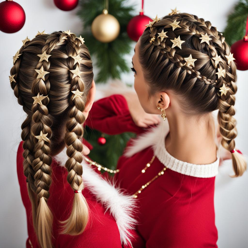 Adorable 'Jingle Bell Braids' for cute Christmas hairstyles. Two neatly braided strands adorned with festive jingle bells, adding a playful and festive touch to the holiday look. A charming and stylish choice for celebrating the season with flair.