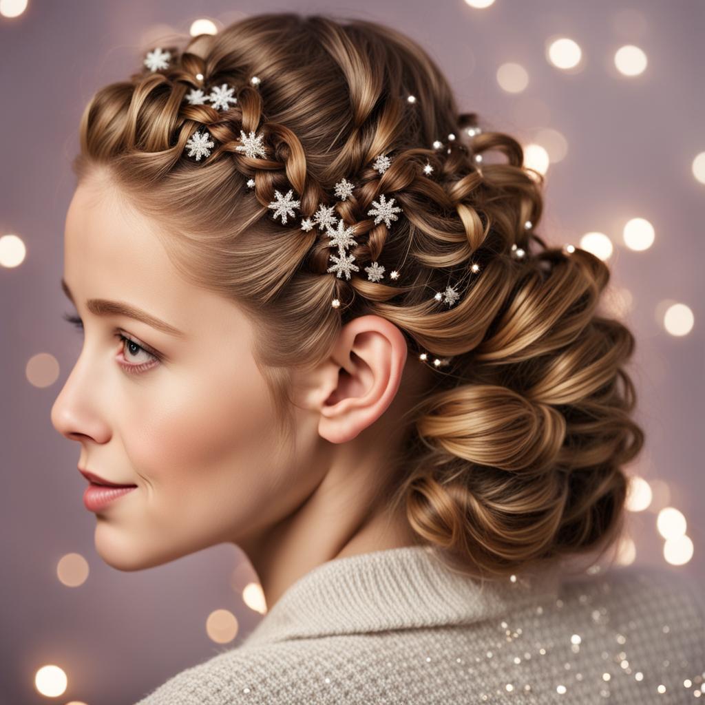 A charming holiday hairstyle titled 'Twinkling Twists for Cute Christmas Hairstyles.' The image showcases intricately twisted hair adorned with twinkling lights and festive ornaments, adding a playful and adorable touch to the Christmas spirit. The hairstyle radiates festive cheer and creativity, making it a delightful choice for holiday celebrations.