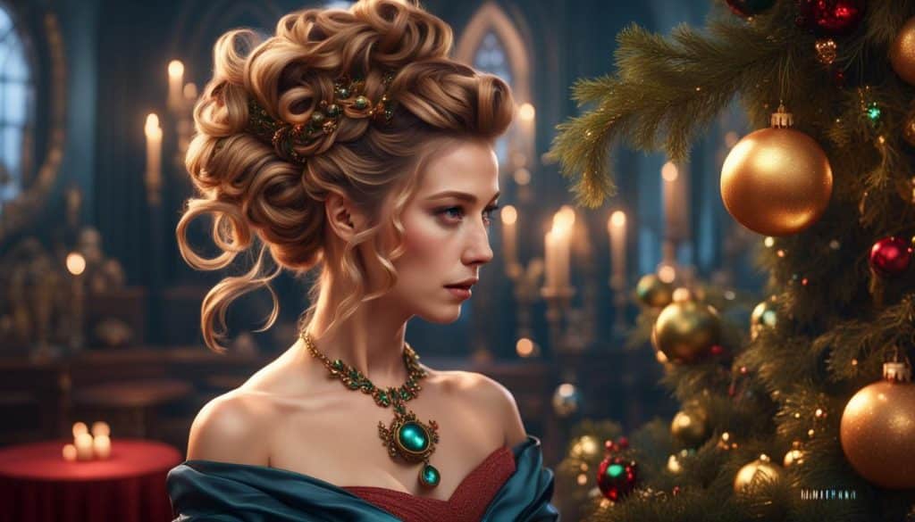 Whimsical Updo: Loose bun with playful curls, adorned with glitter and tiny ornaments. Elevate your Cindy Lou Who hair for festive charm and magic.