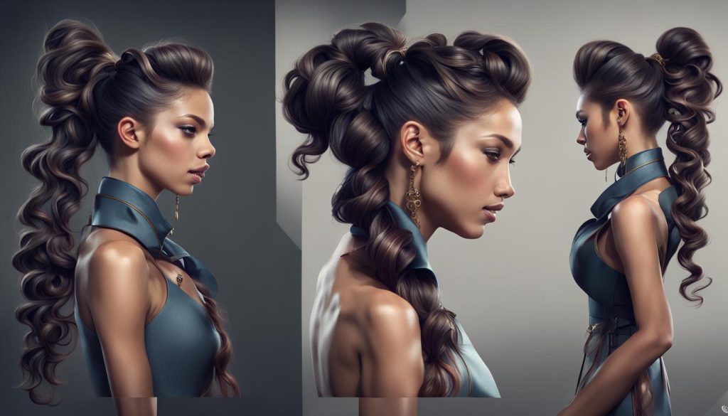 Chic holiday ponytails: high, low, or side-swept with volume, curls, and waves for glamorous elegance.