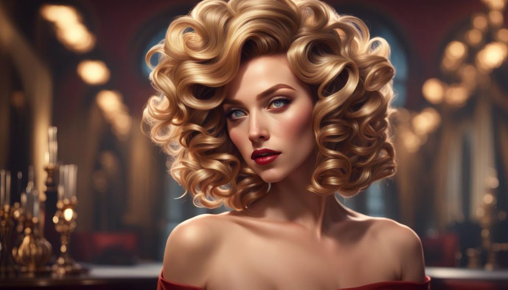 Glamorous curls, Hollywood elegance. Loose waves or tight coils, styled with curling iron or hot rollers.