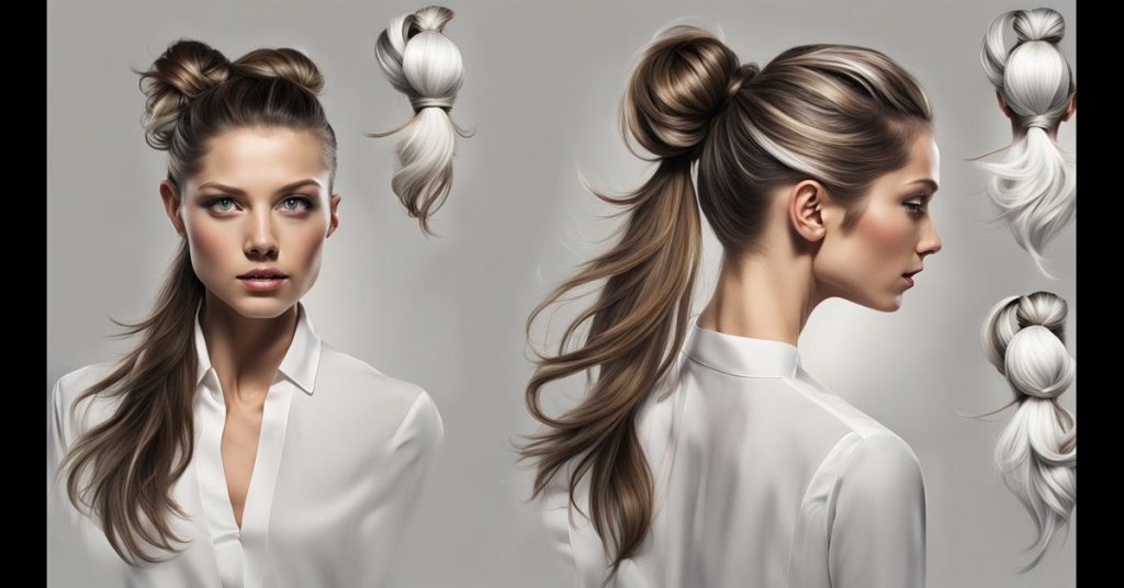Series of images highlighting a chic ponytail styled in different ways – high, low, sleek, and tousled. Accessories add a unique touch, showcasing the versatility of this classic hairstyle
