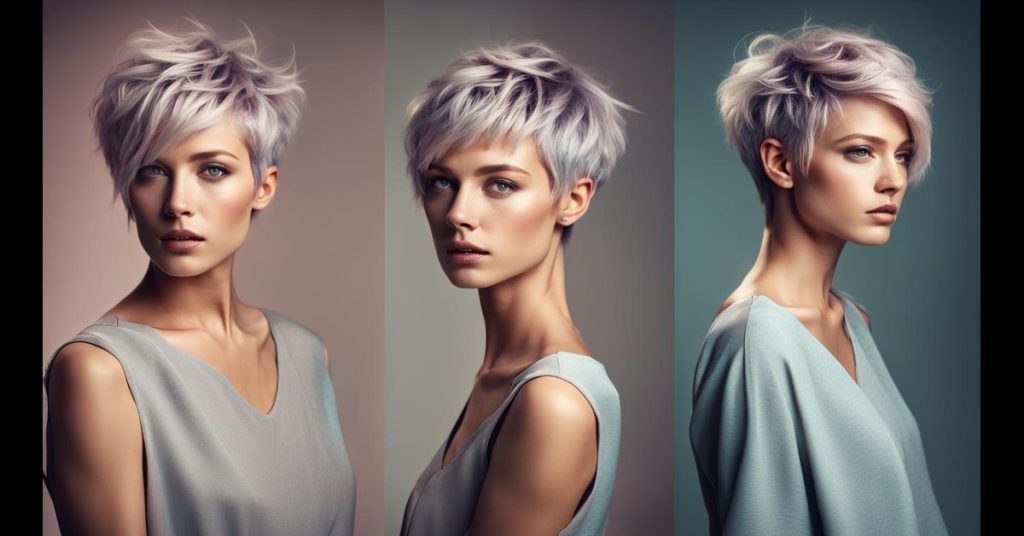 Collage of images featuring a woman with short hairstyles in various styles. Playful accessories and versatile looks showcase the chic elegance of short hair.