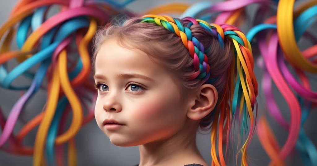 Bright rubber bands add vibrant charm to playful ponytails, braids, and buns, creating a lively look for kids' hairstyles.