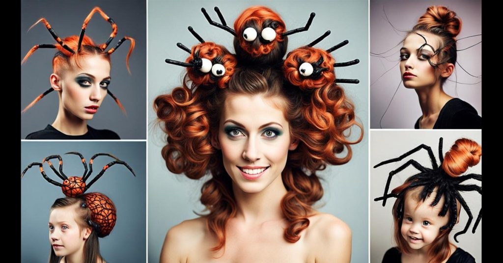 An eclectic collage of Spider Crazy Hair Day ideas, showcasing out-of-the-box inspiration. Diverse individuals with vibrant and whimsical spider-themed hairstyles, featuring bold colors, intricate designs, and a playful sense of creativity. The image captures the festive spirit and originality of unconventional hairdos for a fun and memorable celebration.