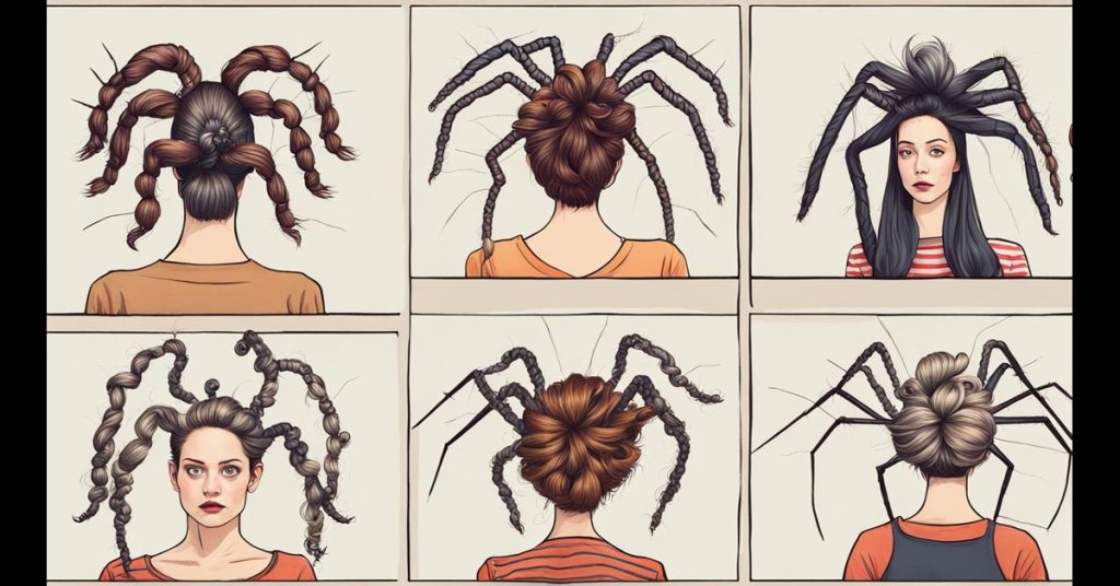 An eclectic image featuring a vibrant display of 'Crazy Hair Spider' hairstyles, each boasting eight legs of endless possibilities. Diverse styles showcase creativity, bold colors, and intricate designs, capturing the whimsical essence of this imaginative and playful theme.