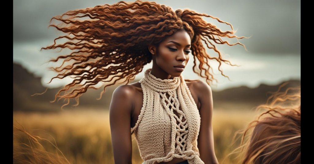 Natural-light photo capturing the bohemian flair of crochet braids. Carefree and stylish, the braids frame the face, expressing the individual's free-spirited personality.