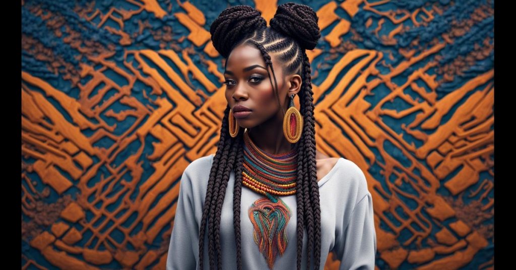 Detailed close-up of box braids with intricate patterns and designs. Protective style embracing creativity and individuality with various braid sizes and vibrant colors.