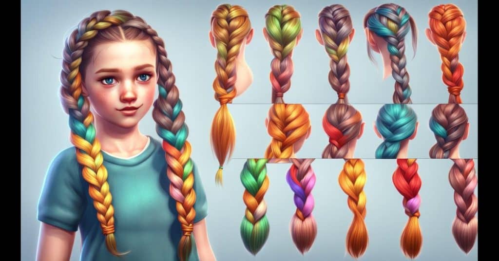 Cute braided styles with rubber bands: fishtail or three-strand, secured with playful colorful bands.